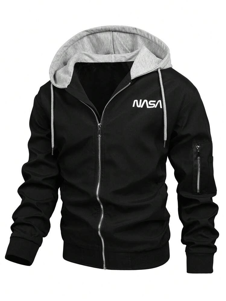 Manfinity Homme יחידה 1 גברים גזרה נוחה הדפס כיתוב רוכסן ברדס ז'קטים עם שרוך - שחור - ראה 1