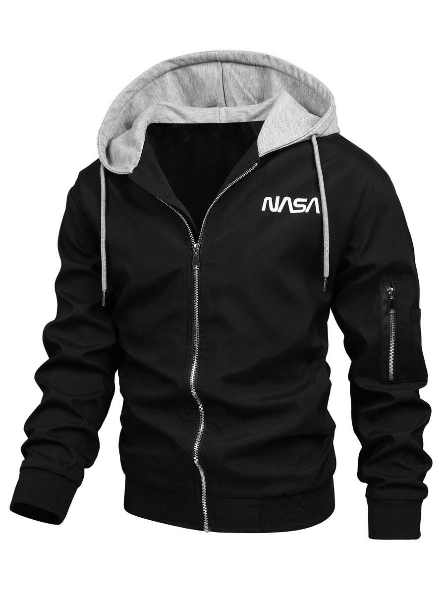 Manfinity Homme 1件男士寬鬆款字母印花拉鍊連帽夾克,帶束口 - 黑色 - 查看 1