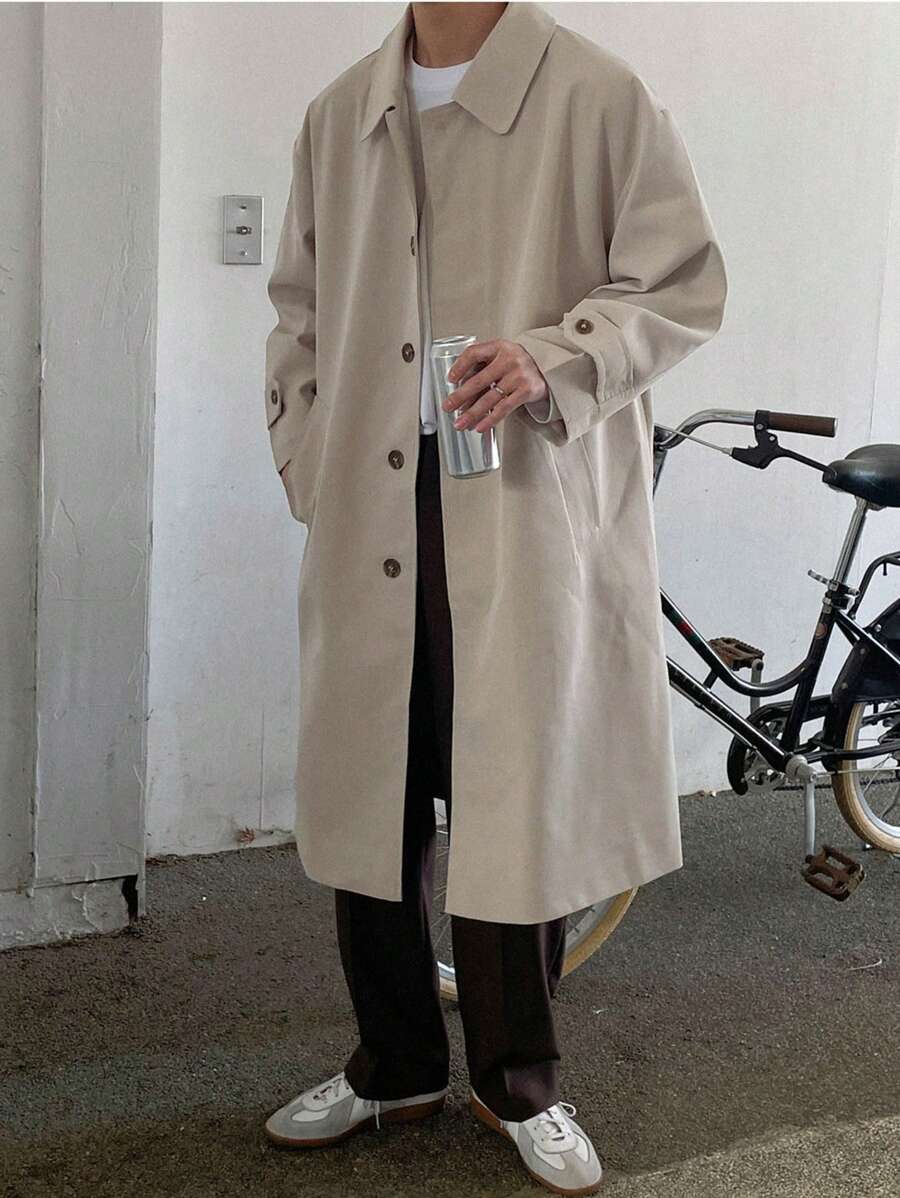 DAZY 男士前紐扣落肩袖風衣外套 - 卡其色 - 查看 1