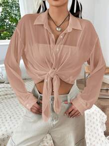 SHEIN EZwear Chất rắn Nút phía trước Thả vai Áo sơ mi - màu nâu - Xem 6