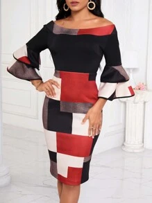 SHEIN Lady Khối màu Off Shoulder Tay áo loe Váy bodycon - Nhiều màu - Xem 5