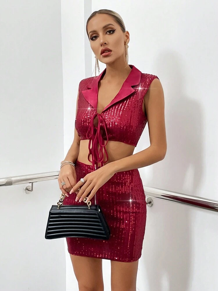 Tie Front Crop Sequin Vest Blazer & Bodycon Skirt