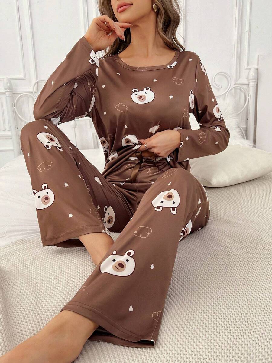 Cartoon Graphic Tee & Pants PJ Set / Pajama Set, Fall Winter Clothes Cozy And Elegant Details