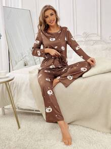Cartoon Graphic Tee & Pants PJ Set / Pajama Set, Fall Winter Clothes Cozy And Elegant Details
