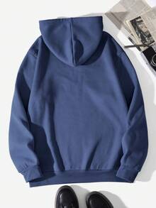 Men Slogan Graphic Drawstring Thermal Lined Hoodie - Royal Blue - View 2