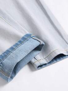 Teen Boy's Summer Breathable Color Block Sea Salt Blue Distressed Print Denim Jeans - Light Wash - View 6