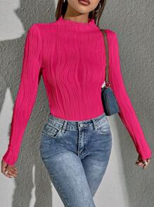 SHEIN Essnce Camiseta unicolor ribete en forma de lechuga de cuello alto - Rosa Fucsia - Ver 3