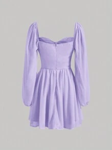 SHEIN MOD Cổ Trái tim Tay áo lồng đèn Xù Tím Bộ ngực Cúp Xếp li Ngắn Hem Công chúa NỮ Đầm - Màu tím hoa cà - Xem 2