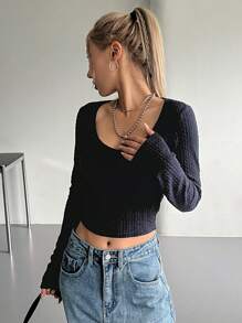 DAZY 纯色圆领短款T恤长袖女式上衣 - 藏蓝色 - 查看 4