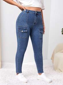 SHEIN EZwear 大碼高腰翻蓋口袋工裝牛仔褲 - 藍色 - 查看 4