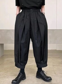 Manfinity Hypemode 男式純色下擺低垂寬鬆褲，超大尺寸，素面黑色，適用於外出穿著 - 黑色 - 查看 3