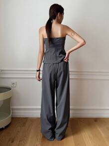 DAZY 纯色抹胸阔腿裤，女士两件套 - 灰色 - 查看 2