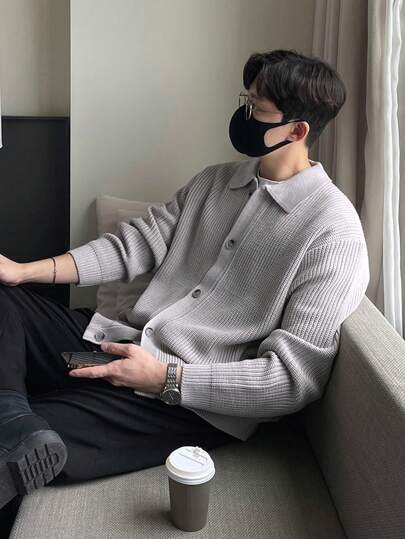 DAZY Áo khoác cardigan cài nút vai trễ vai dệt kim gân cho nam, quần áo mùa thu