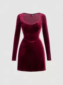 SHEIN MOD Gola Sweetheart Veludo Vestido - Vinho - Visão 1
