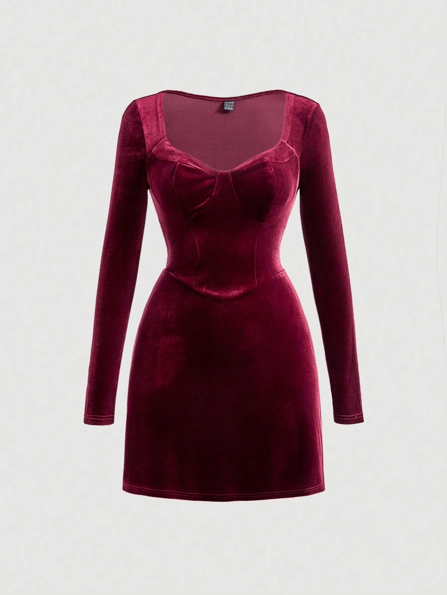 SHEIN MOD Gola Sweetheart Veludo Vestido - Vinho - Visão 1