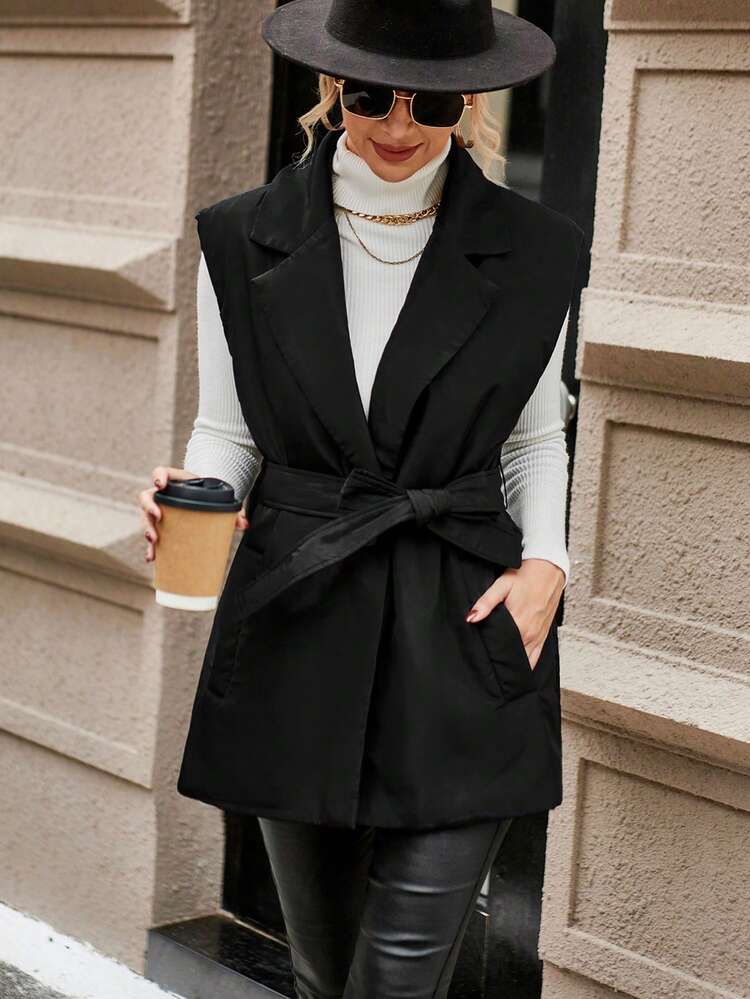 Lapel Neck Belted Vest Padded Coat Clothes Winter