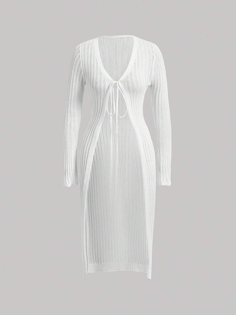 SHEIN MOD Flare Sleeve Tie Front Cardigan In Fall/Winter - White - View 1