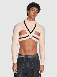 ROMWE MEN ROMWE Avant Guys Criss Cross Crop Sweater - Khaki - View 1