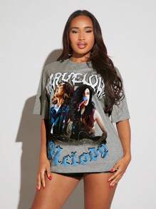 SHEIN SXY Figure & Letter Graphic Drop Shoulder Tee - Light Grey - View 1