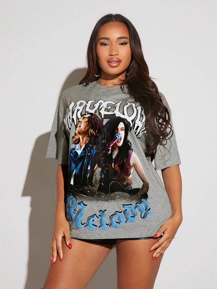 SHEIN SXY Figure & Letter Graphic Drop Shoulder Tee - Light Grey - View 1