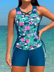 Swim Lushoire 印花女士吊带背心和短裤两件套泳衣 - 藍色 - 查看 1