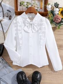 Tween Girl Ruffle Trim Bow Front Shirt,Holiday,Summer,Travel - White - View 3
