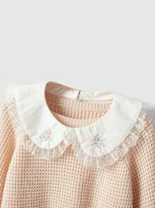 ROMWE Kawaii Cổ áo tương phản Dệt kim Waffle Áo len - Hồng - Xem 3