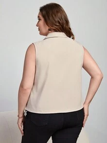 SHEIN Essnce Plus Flap Pocket Drawstring Hem Vest Jacket - Beige - View 2