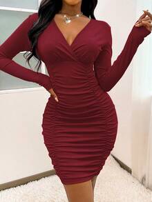 Cổ Lao Xù Váy bodycon - Màu Đỏ Sâu - Xem 3