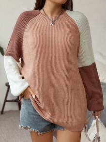 Flirla Plus Colorblock Raglan Sleeve Sweater, For Winter Knit Pullover Fall Autumn - Multicolor - View 5