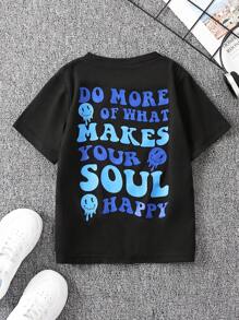 SHEIN Chico joven Camiseta con slogan & con estampado de cara de dibujos animados - Negro - Ver 1