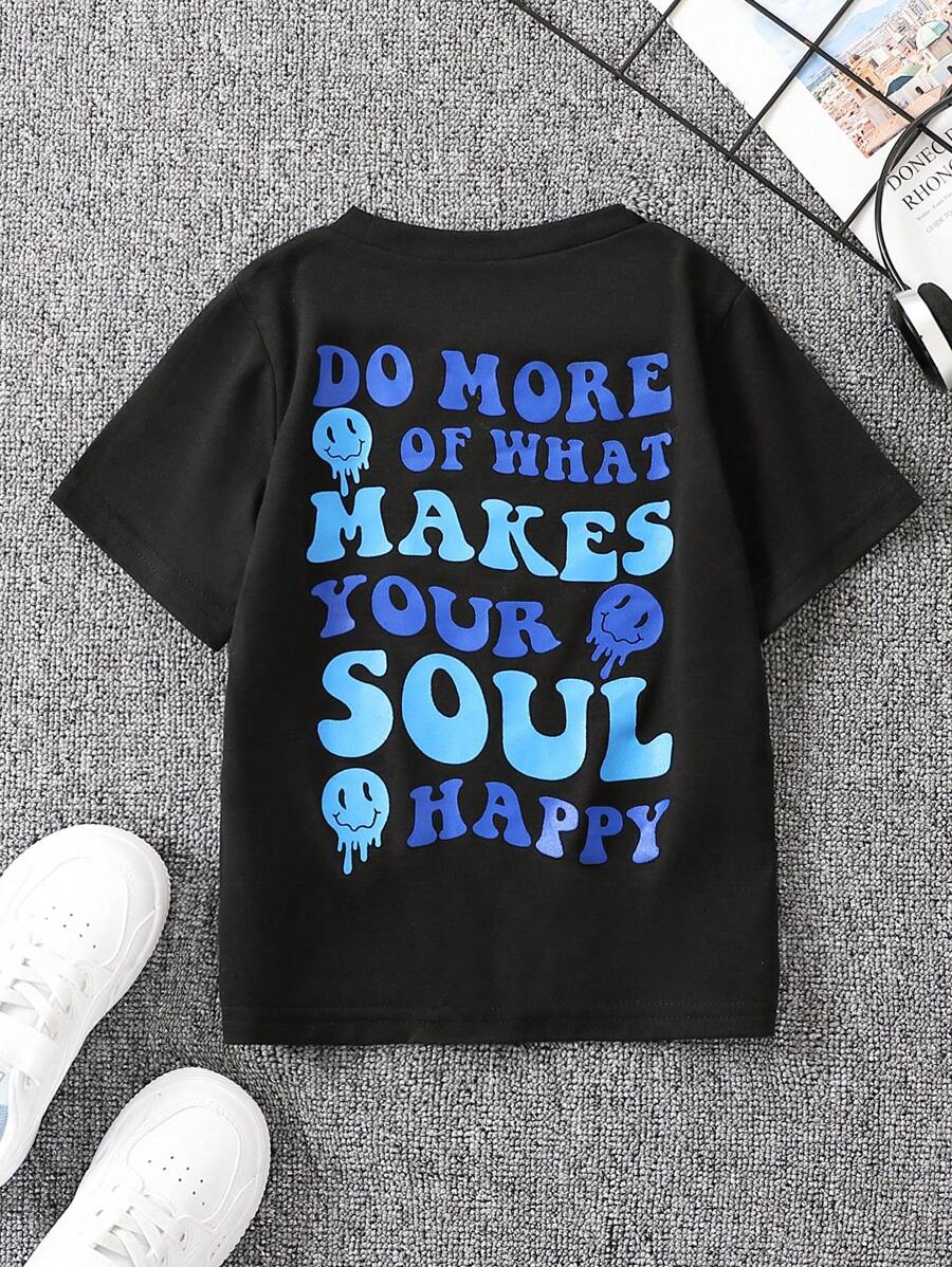 SHEIN Chico joven Camiseta con slogan & con estampado de cara de dibujos animados - Negro - Ver 1