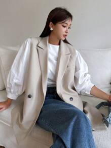 DAZY Áo blazer nữ màu trơn cổ ve lật, cài cúc đôi, không tay, thích hợp mặc đi làm, trang phục công sở mùa thu. - Màu be - Xem 1