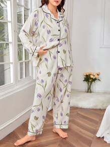 Plus Floral Print Contrast Piping PJ Set / Pajama Set - Beige - View 5