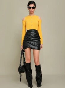 SHEIN EZwear Vai lạnh Chi tiết Nút Đồ đan Ribbed Áo len - Màu vàng - Xem 5