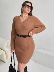 SHEIN Essnce Plus V Neck Distressed Sweater Dress Without Belt - Khaki - View 6