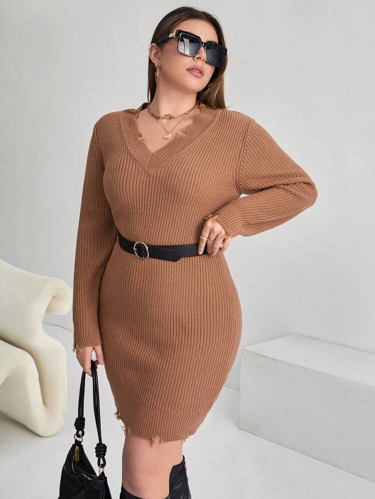 Plus V Neck Distressed Sweater Dress Without Belt