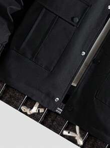 男士大码字母補丁細節翻蓋口袋落肩袖夾克不帶T恤 - 黑色 - 查看 8