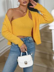 Chiquease منسوج منتفخ كارديجان & مفتوح الكتف الواحد لباس علوي محبوك