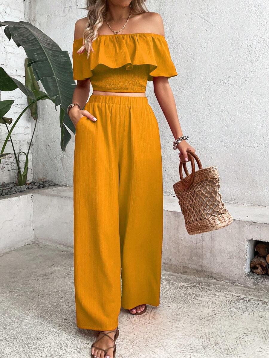 Breezaya Off Shoulder Ruffle Trim Top & Wide Leg Pants - Yellow - View 1