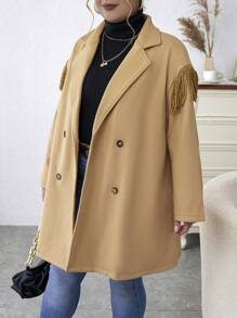 Calvaya Plus Fringe Trim Double Breasted Overcoat - Khaki - View 3