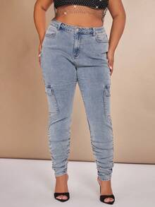 SHEIN BAE Cộng với quần jean có nắp lưng cao có túi bên hông - Màu xanh lam - Xem 6