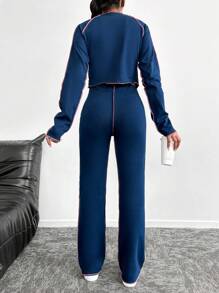 RueChic Women's Casual Loose Slub Long Sleeve T-Shirt & Straight-Leg Pants Navy Blue 2pcs/Set - Navy Blue - View 2