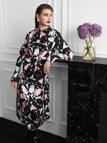 MOTF PREMIUM BELTED ABSTRACT PRINT DRAPED DRESS - Multicolor - View 5