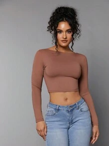 SHEIN BAE 素色露背短款T恤 - 棕色 - 查看 6