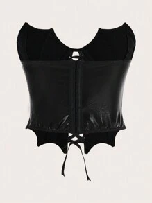 ROMWE Goth Lace Up Front PU Tube Top - Black - View 2