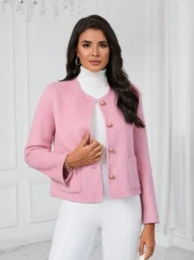 GENKIRA 前紐扣口袋貼布花呢外套 - 粉色 - 查看 4