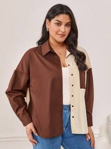 SHEIN Frenchy 大碼撞色落肩袖襯衫 - 彩色 - 查看 6