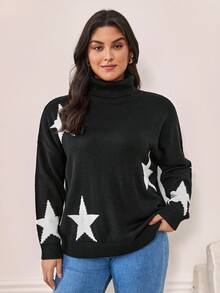 SHEIN Frenchy 大碼星星圖案高領落肩袖套頭毛衣 - 黑與白 - 查看 6