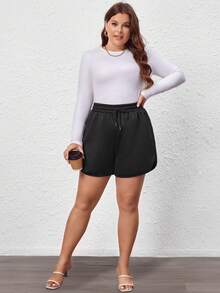 SHEIN LUNE Plus Drawstring Waist Dolphin Hem Shorts - Black - View 4